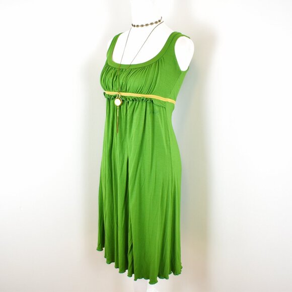 VTG 00s Y2K Miss Sixty Green w/ Gold Trim Empire Waist Babydoll Mini Dress Sz M - Picture 2 of 10